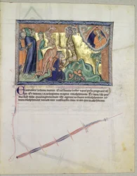 Paní L.A. 139-Lisboa fol.36 Pán sleduje, jak lidé uctívají mořskou šelmu v přítomnosti červeného draka, z Gulbenkianovy apokalypsy, kolem 1265-70