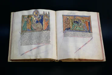 Paní L.A. 139-Lisboa fol.37 v-38 Šelma rouhající se Božímu jménu a lidé uctívající 3. a 2. zvíře, z Gulbenkianovy apokalypsy, kolem 1265-70