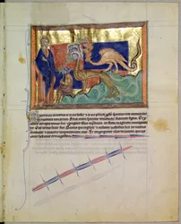 Paní L.A. 139-Lisboa fol.56 St. John Evangelist sleduje žáby vycházející z tlamy 3 zvířat, z Gulbenkian Apocalypse, c.1265-70