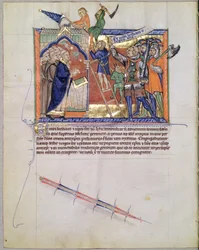 Ms L.A. 139-Lisboa fol.66 Božský válečník, který vede armádu proti těm, kteří útočí na věřící, z Gulbenkian Apocalypse, c.1265-70