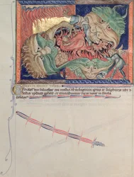 Ms L.A. 139-Lisboa fol.71 Čelisti pekla polykající červeného draka, šelmu moře a šelmu země, z Gulbenkian Apokalypsy, kolem 1265-70