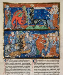 Ms R.16.2 f.14b Zabití sedmihlavé šelmy, z Apokalypsy o Trojici, anglo-normanská verze, asi 1250 (pergamen)