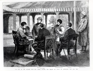 Muhammad Yaqub Khan (1849-1923) podepisující mírovou smlouvu v Gundamaku 26. května 1879