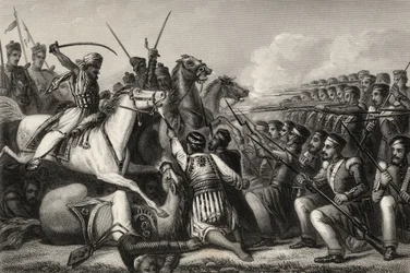 Vzbouřenecká jízda útočící na náměstí pěchoty v bitvě u Cawnpore v roce 1857, z „Historie indické vzpoury“, vydané v roce 1858