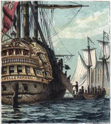 Napoleon I. je doručen Angličanům. Nalodění z Napoleona do Sainte-Helene (Sainte Helene) na palubě Bellerophon 15. července