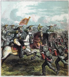 Napoleonská válka: Bitva u Waterloo dne 18.06.1815. Francouzská jízda Napoleona I. zaútočila na anglickou armádu, porážka Francouzů znamenala konec císařství Napoleona I. Bitva u Waterloo