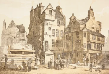 Netherbow House, Edinburgh, jak to bylo v roce 1843, z „The Scots Worthies“ od Johna Howieho, druhé vydání vydané v roce 1879