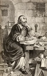 Nicholas Ridley píše dopisy ve vězení, zatímco čeká na svou popravu, kolem roku 1865 (dřevoryt)