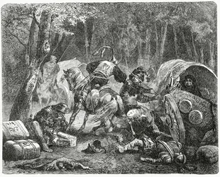 Šlechtici drancující cestující obchodníky, 1882