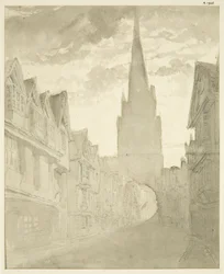 Severní pohled na kostel St Mary Redcliffe z Redcliffe Street (tužka a akvarel na papíře)