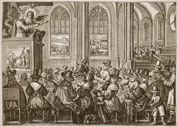 Oliver Cromwell káže puritánskému shromáždění, ilustrace z knihy Anglikánská církev: Spence-Jones, vyd. cca 1910 (sépiová fotografie).