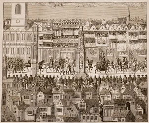 Část korunovačního průvodu Eduarda VI., 1547, podle akvarelu ze 16. století
