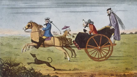 Cestující v koňském povozu „Dálnice a její vozidla...“ od Hilaire Belloc