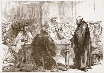 Pastor Olaf na konferenci v Upsale, ilustrace z Historie protestantismu od Jamese Aitkena Wylie (1808-1890), hospoda. 1878