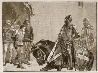 Piers Gaveston před hrabětem z Warwicku, ilustrace z Cassells Illustrated History of England (sépiová fotografie)