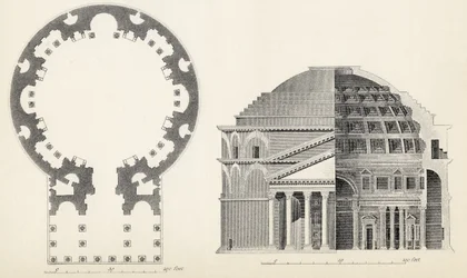 Půdorys a nárys Pantheonu v Římě, z The National Encyclopaedia, vydal William Mackenzie, Londýn, konec 19. století