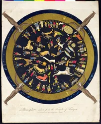 Planisphere převzato z chrámu Tentyra, vyryto J. Chapmanem, vydal J. Wilkes v roce 1804
