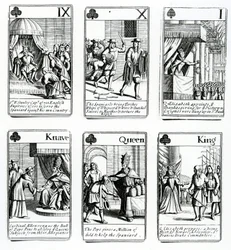 Hrací karty zobrazující události ze španělské armády, 1699