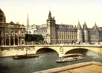 Most u změny a Palais de Justice, Paříž (ručně kolorovaná fotografie)