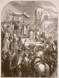 Papež Urban II. káže na trhu v Clermontu o první křížové výpravě, 1096, ilustrace z Cassells Illustrated History of England (sépiová fotografie)