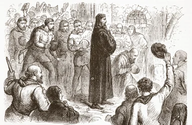 Populární demonstrace v Lambeth Palace ve prospěch Wicliffa, ilustrace z Historie protestantismu od Jamese Aitkena Wylie (1808-1890), hospoda. 1878