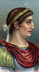 Portrét Konstantina Velikého (Konstantin I. Veliký, 270-337) - Ze série „“Vůdci mužů““ – Chromolitografie – Anglická škola, 20. století –