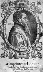 Portrét Johna Daye, frontispis knihy Foxes Book of Martyrs, 1564