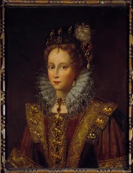 Portrét anglické královny Alžběty II. (1533-1603) Obraz anglické školy. 17. století. Slunce 0,56x0,77 m Pau, musee du chateau