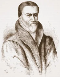 Portrét Williama Tyndala (ze staré rytiny v Bibliotheque Nationale), ilustrace z Historie protestantismu od Jamese Aitkena Wylie (1808-1890), hospoda. 1878