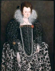 Portrét ženy, tradičně identifikované jako Mary Cloptonová (rozená jako Waldegrave) z Kentwell Hall, Suffolk, kolem roku 1600