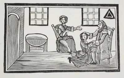 Pretty Bessie dostává otcovské požehnání, když jde hledat vlastní živobytí, ilustrace z Chap-books of the Eighteenth Century od Johna Ashtona, hospoda. 1882