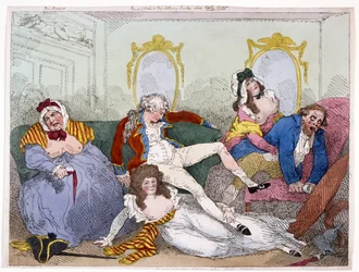 Prince Regent v zhýralém státě (ručně kolorovaná rytina)