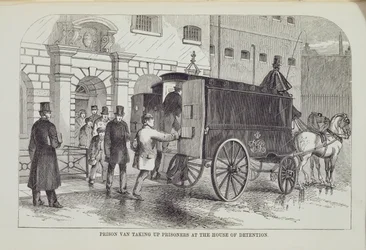 Prison Van přebírá vězně v Domě zadržování, z The Criminal Prisons of London a Scenes of Prison Life od Henry Mayhew (1812-87) a John Binny, 1862