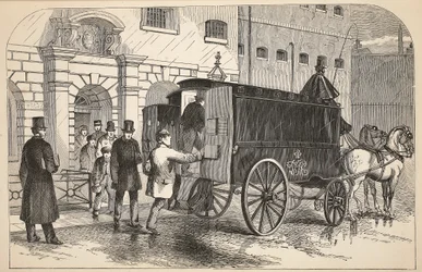 Vězeňský vůz přebírající vězně u vazební věznice, ilustrace z knihy The Criminal Prisons of London and Scenes from Prison Life od Henryho Mayhewa a Johna Binnyho, vyd. 1862
