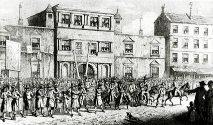 Průvod z roku 1741 v Londýně zesměšňující svobodné zednáře, 1843