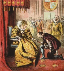 Královna Alžběta I. a Shakespeare, hospoda. 1890 (barevná rytina)