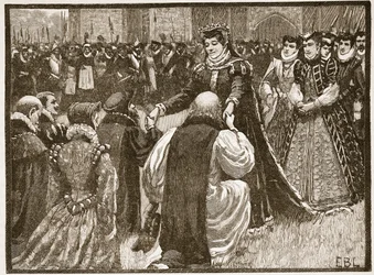 Královna Marie a státní vězni v Toweru, ilustrace z Cassells Illustrated History of England (sépiová fotografie)
