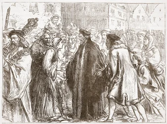 Recepce Jana Husa v Norimberku, ilustrace z Dějin protestantismu od Jamese Aitkena Wylie (1808-1890), hospoda. 1878
