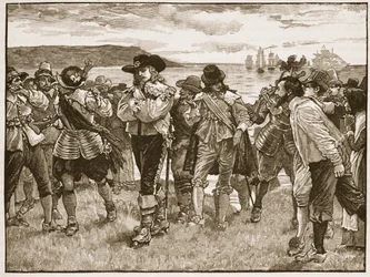 Přijetí vikomta Wimbledona v Plymouthu, ilustrace z Cassells Illustrated History of England (sépiová fotografie)