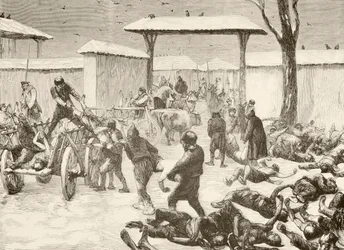 Obnova mrtvých po obléhání Plevny v Bulharsku v roce 1877 (litho)