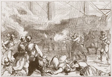 Odražení španělských vojáků v Amsterdamu, ilustrace z Historie protestantismu od Jamese Aitkena Wylie (1808-1890), hospoda. 1878