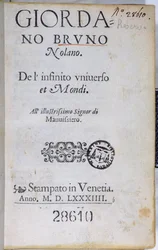 Res 28610 Titulní strana De lInfinito Universo et Mondi od Giordana Bruna, vydaná v Londýně, 1584 (tištěný papír)