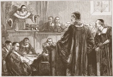 Richard Baxter před soudcem Jeffreysem, ilustrace z Historie protestantismu od Jamese Aitkena Wylie (1808-1890), hospoda. 1878