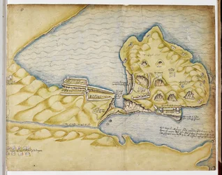 Plán Tintagelu Richarda Grenvilla, kolem roku 1583 (pero a akvarel na papíře)