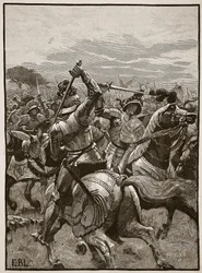 Richard III. v bitvě u Bosworthu, ilustrace z Cassells Illustrated History of England (sépiová fotografie)