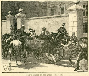 Robert Pates Striking the Queen mimo Cambridge House, ilustrace převzata z The Life and Times of Queen Victoria, Vol. II od Roberta Wilsona, 1888