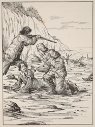 Robinson Crusoe a Pátek zachraňující Španěla, ilustrace z Příběhu Robinsona Crusoe: Adaptace pro děti v jazyce Defoes, hospoda. od Griffith Farran Browne & Co. Limited, Lo