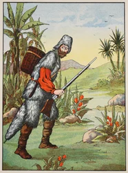 Robinson Crusoe, ilustrace z Příběhu Robinsona Crusoe: Adaptace pro děti v jazyce Defoes, hospoda. od Griffith Farran Browne & Co. Limited, Londýn