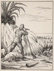 Robinson Crusoe, ilustrace z Příběhu Robinsona Crusoe: Adaptace pro děti v jazyce Defoes, hospoda. od Griffith Farran Browne & Co. Limited, Londýn