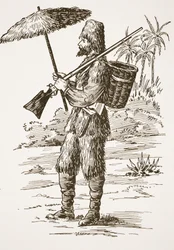 Robinson Crusoe, ilustrace z Příběhu Robinsona Crusoe: Adaptace pro děti v jazyce Defoes, hospoda. od Griffith Farran Browne & Co. Limited, Londýn